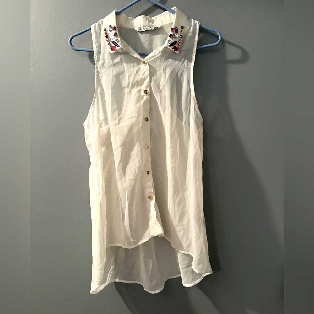 Bluenotes‎ Sheer White Sleeveless Jeweled Blouse Womens Sz M Rhinestone Bedazzle